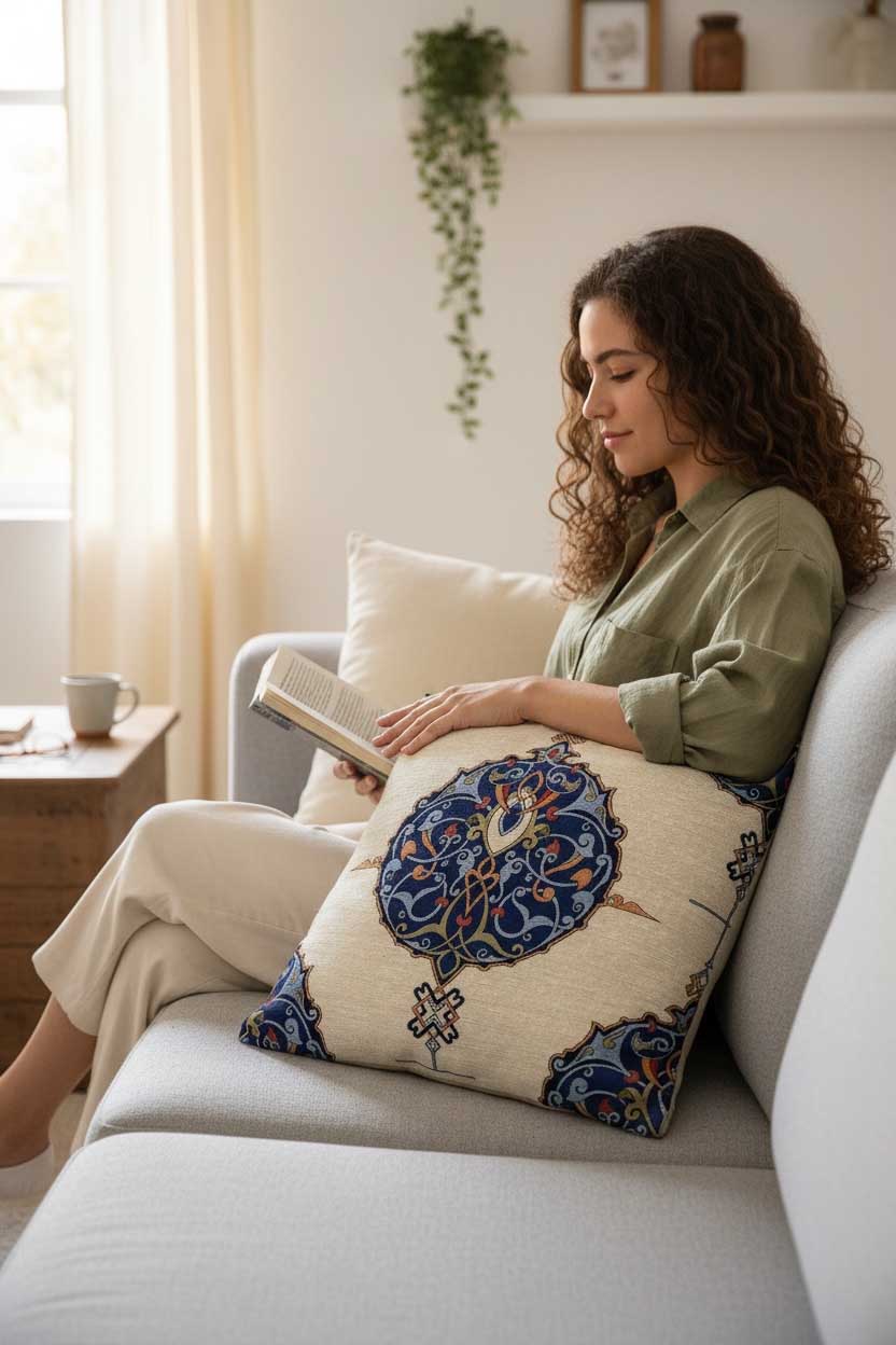 goblen dokuma kırlent kılıfı 45x45