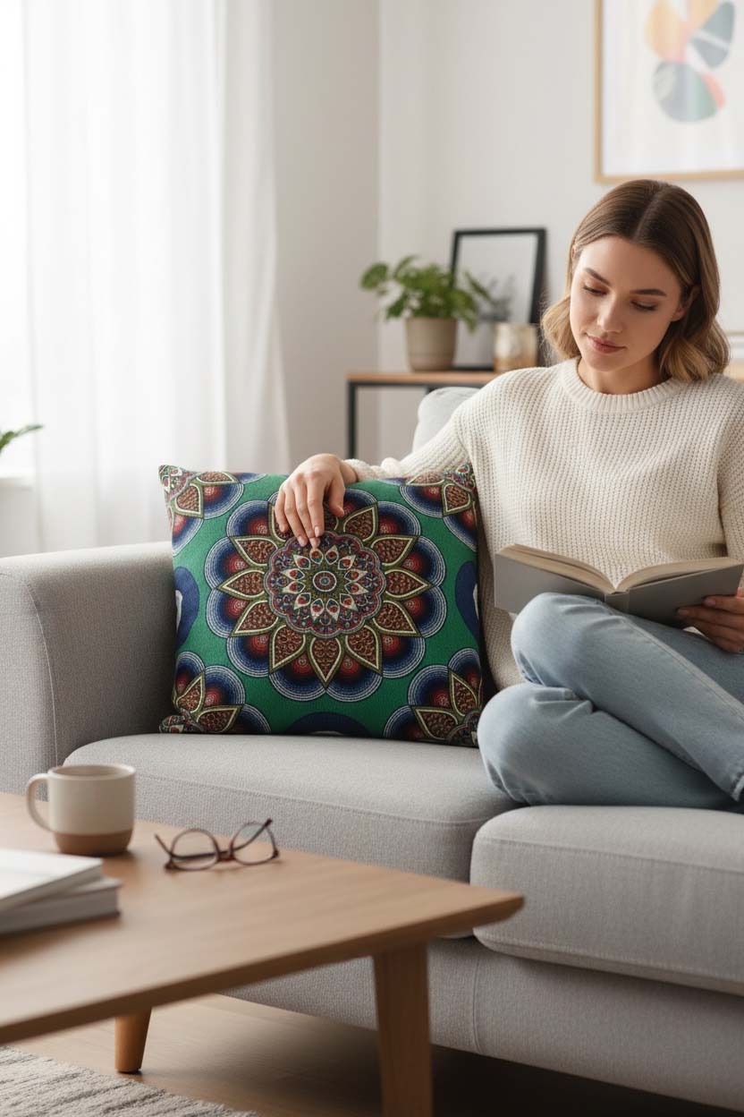 Jacquard Tapestry Panel Woven Green Mandala Decorative Cushion / Pillow Case