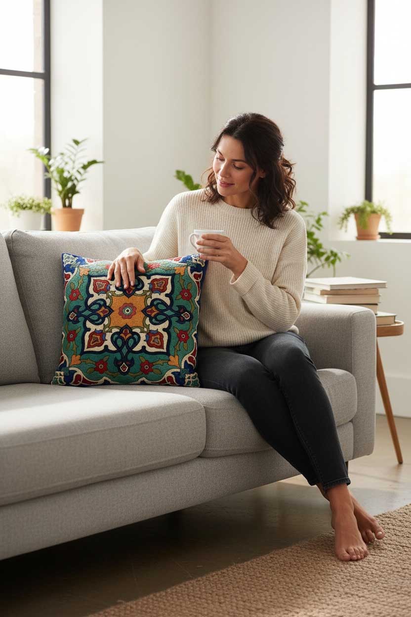 Jacquard Tapestry Panel Woven Green Mandala Decorative Cushion / Pillow Case