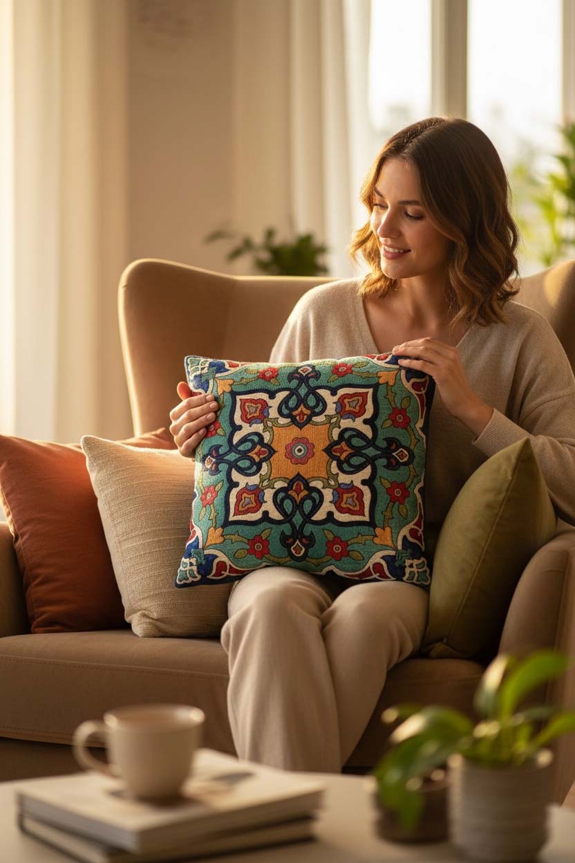 Jacquard Tapestry Panel Woven Green Mandala Decorative Cushion / Pillow Case