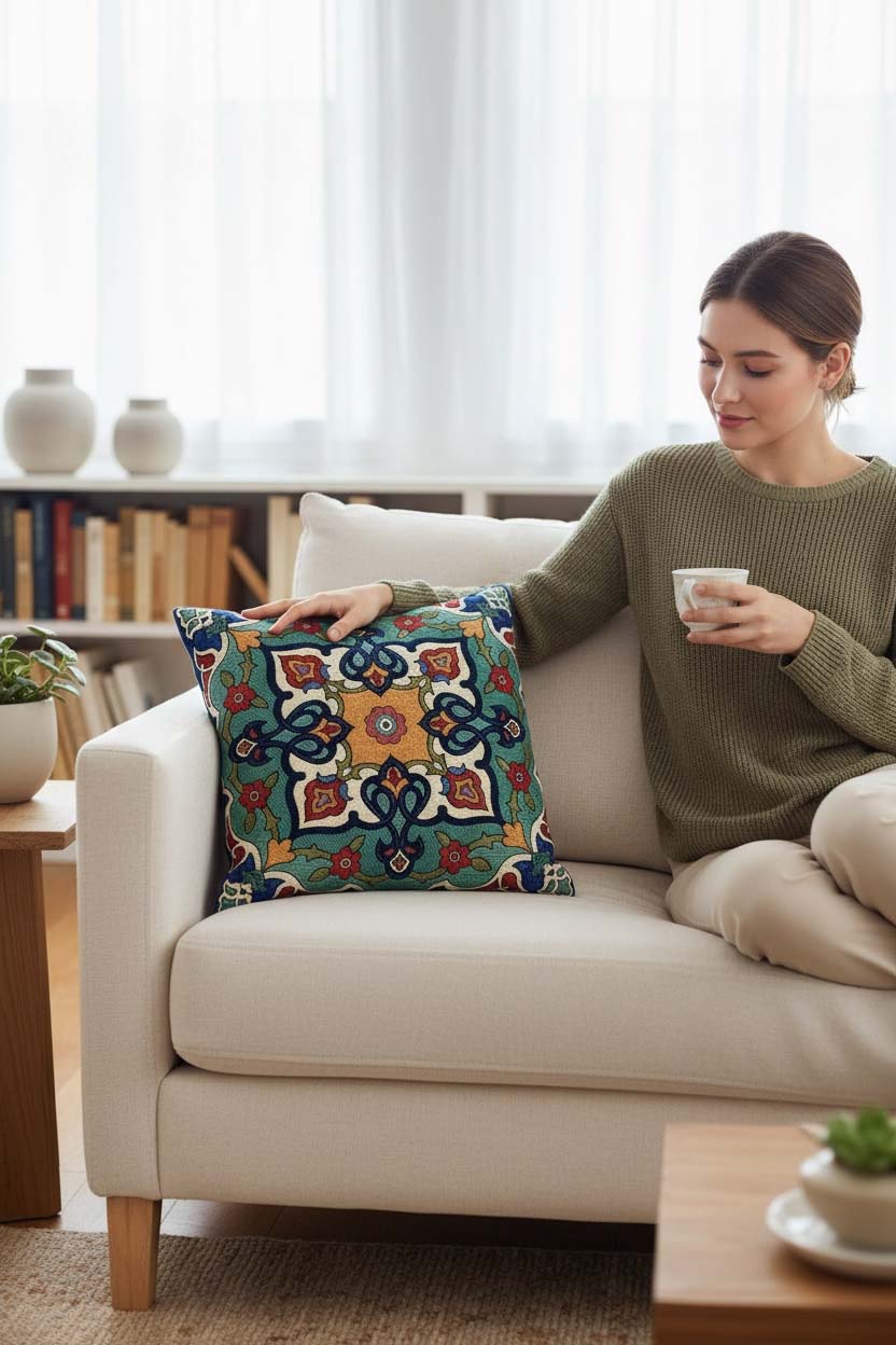 Jacquard Tapestry Panel Woven Green Mandala Decorative Cushion / Pillow Case