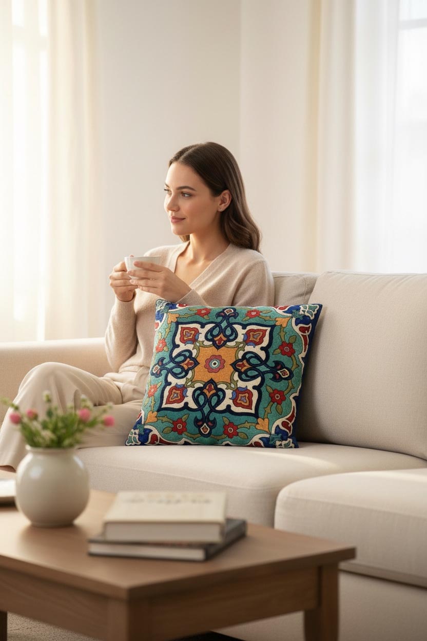 Jacquard Tapestry Panel Woven Green Mandala Decorative Cushion / Pillow Case