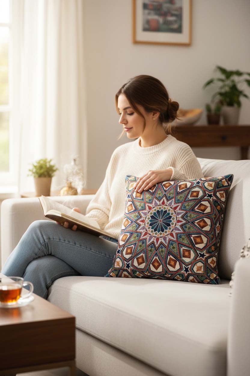 Jacquard Tapestry Panel Woven Green Mandala Decorative Cushion / Pillow Case