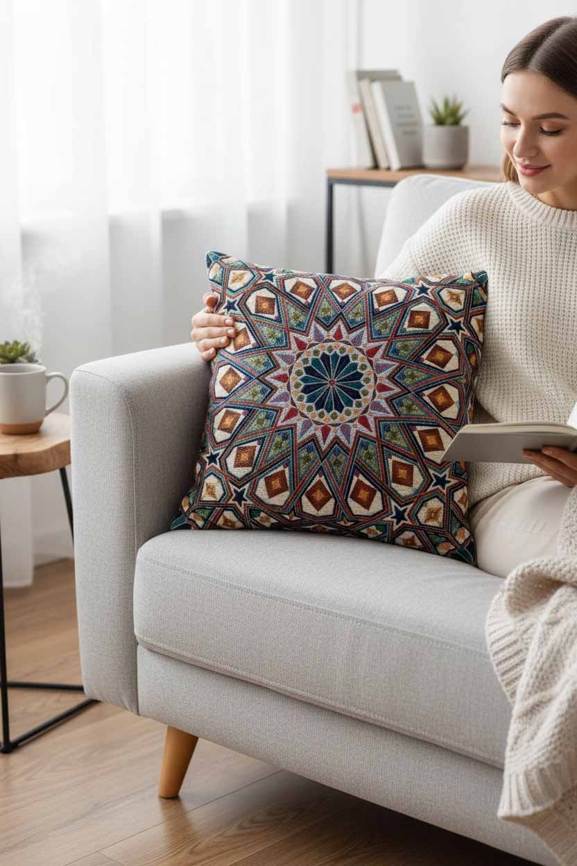 Jacquard Tapestry Panel Woven Green Mandala Decorative Cushion / Pillow Case