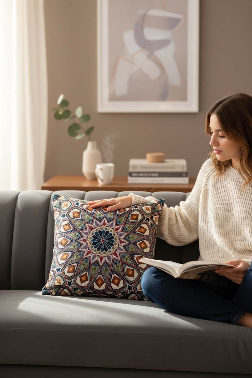 Jacquard Tapestry Panel Woven Green Mandala Decorative Cushion / Pillow Case