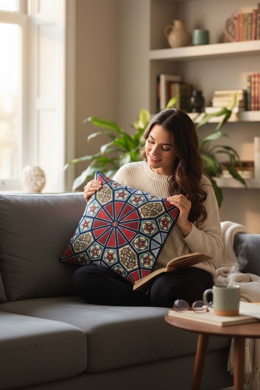 Jacquard Tapestry Panel Woven Green Mandala Decorative Cushion / Pillow Case