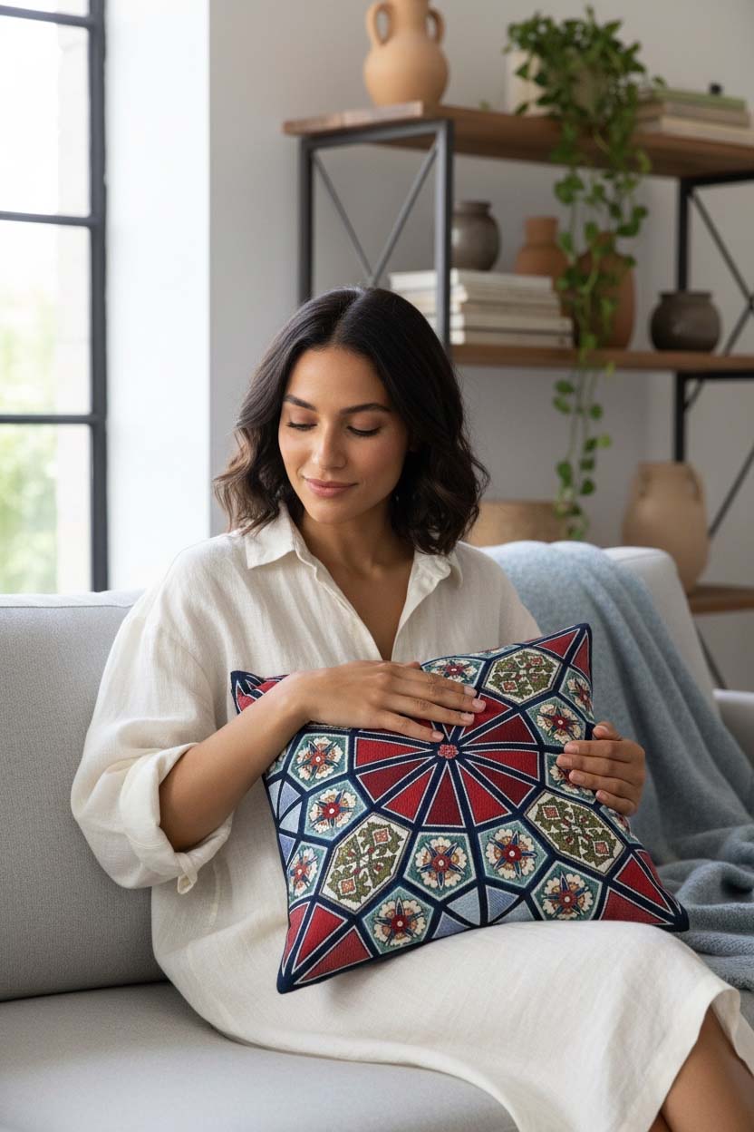 Jacquard Tapestry Panel Woven Green Mandala Decorative Cushion / Pillow Case