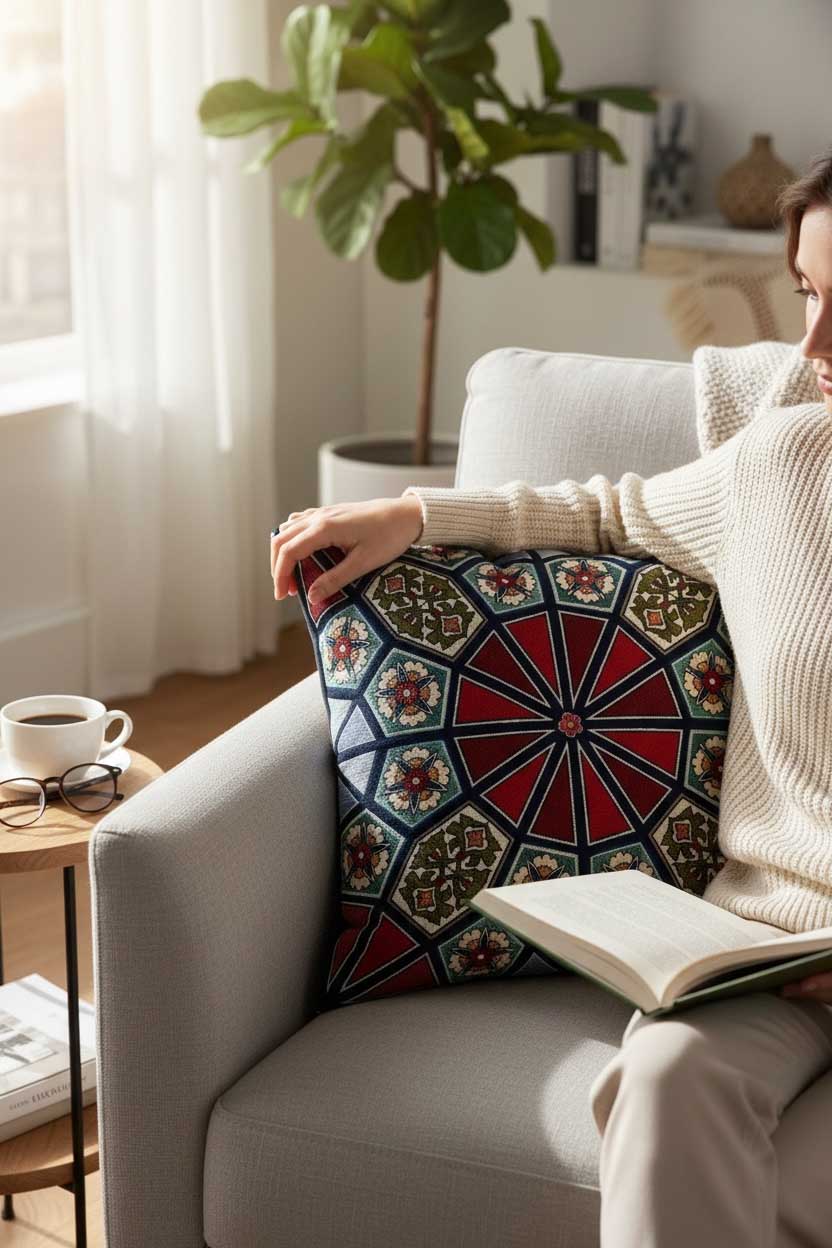 Jacquard Tapestry Panel Woven Green Mandala Decorative Cushion / Pillow Case