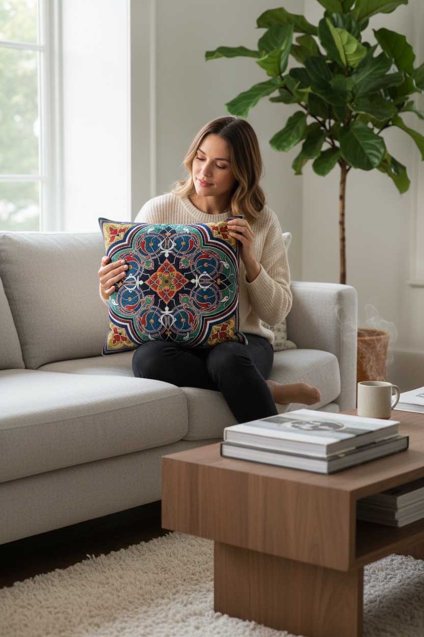 Jacquard Tapestry Panel Woven Green Mandala Decorative Cushion / Pillow Case