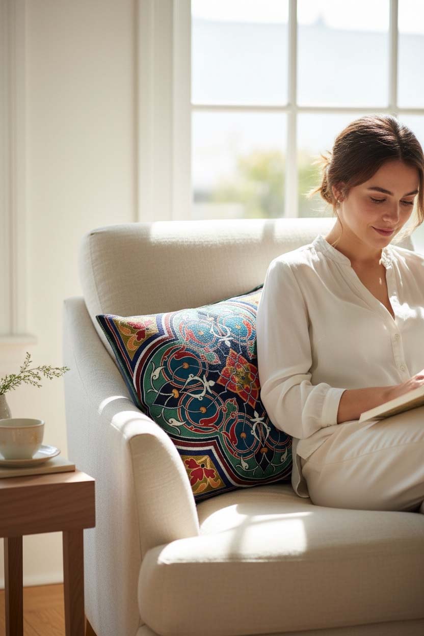 Jacquard Tapestry Panel Woven Green Mandala Decorative Cushion / Pillow Case