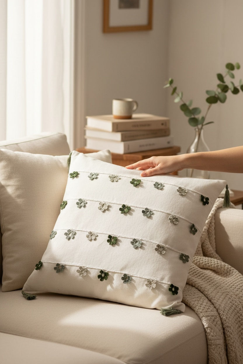 yeşil oyalı kırlent kılıfı 45x45
