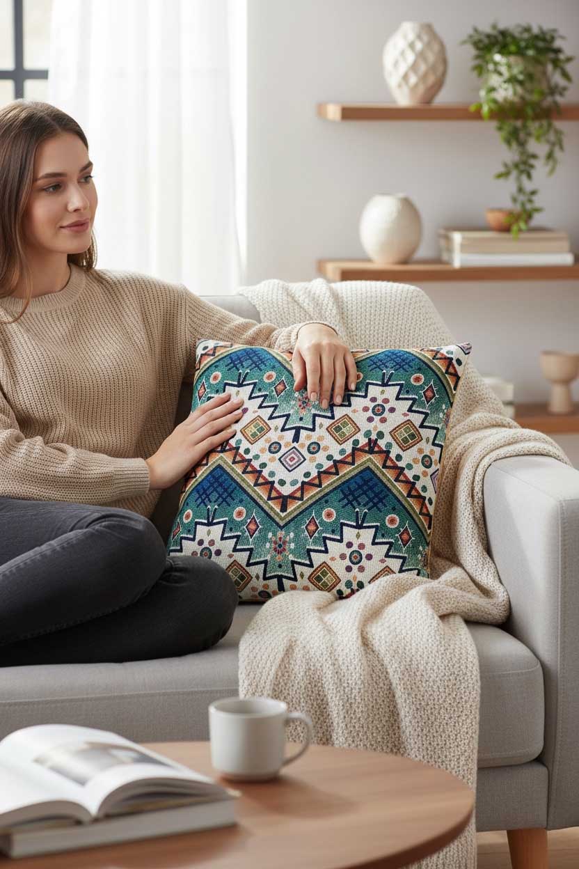 dekoratif aztek goblen kırlent kılıfı 45x45