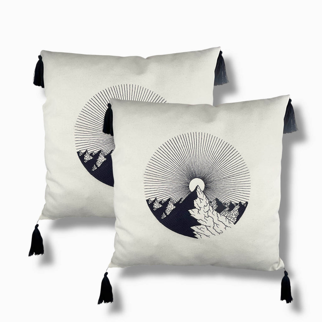 Landscape Embroidered Tasseled Cotton Decorative 2-Piece Cushion / Pillow Case