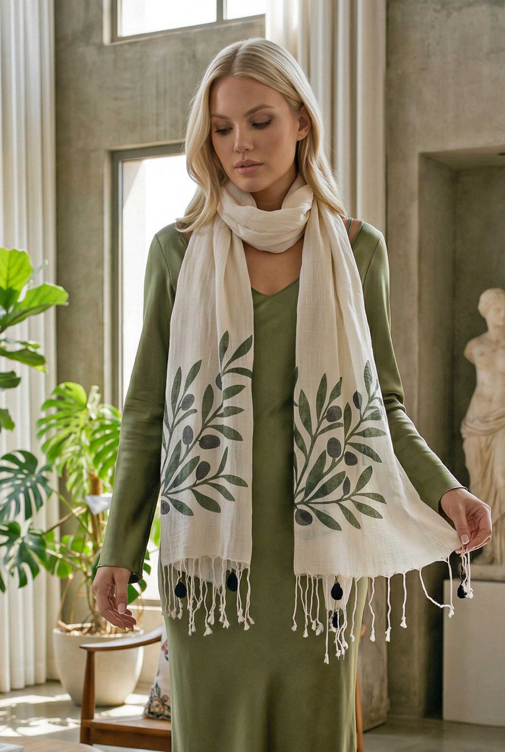 Chintar x Dosimira Zeytin Desenli Pamuk Fular 50x200 cm | %100 Pamuk Kadın Fuları