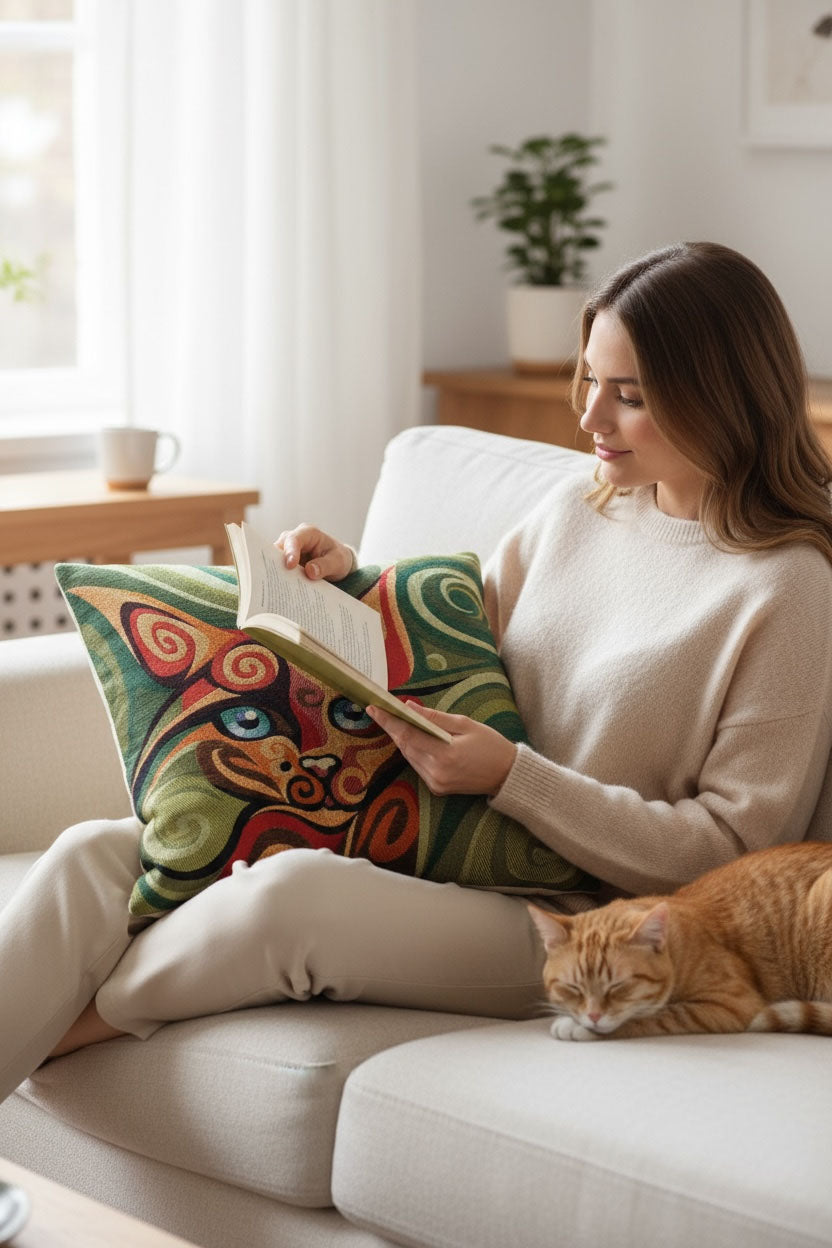 yeşil kedi goblen kırlent kılıfı 45x45