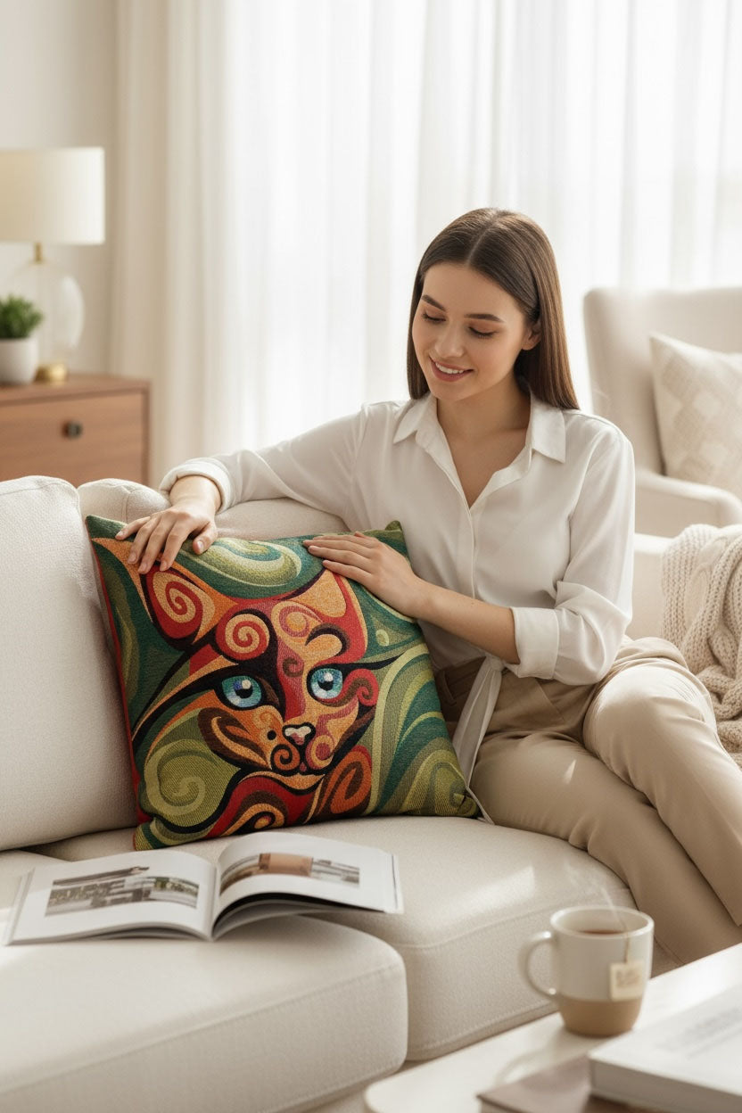 yeşil kedi goblen kırlent kılıfı 45x45